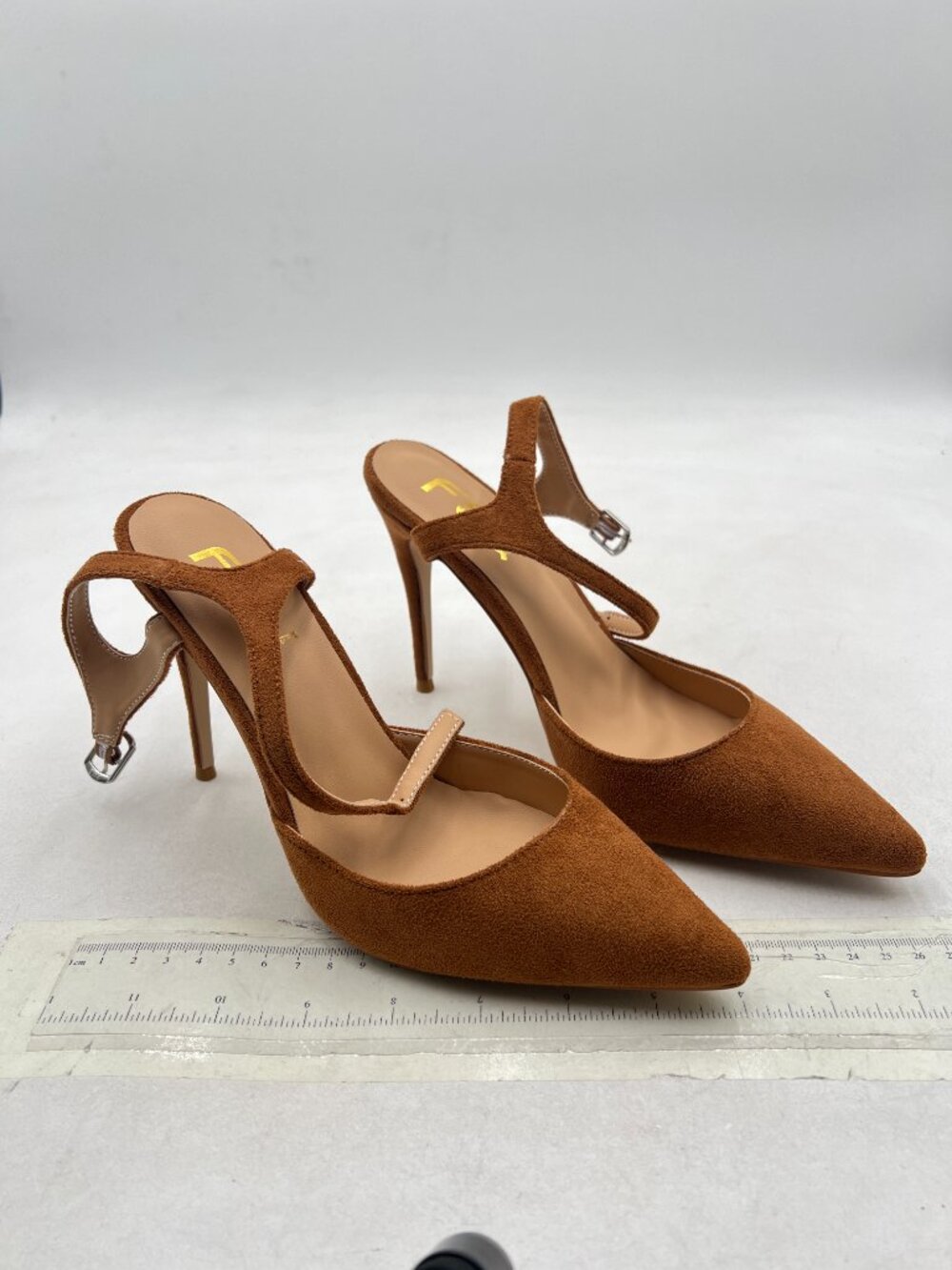 FSJ Brown Vegan Suede Stiletto Heels Pointed Toe Ankle Strap Pumps - Picture 4 of 8